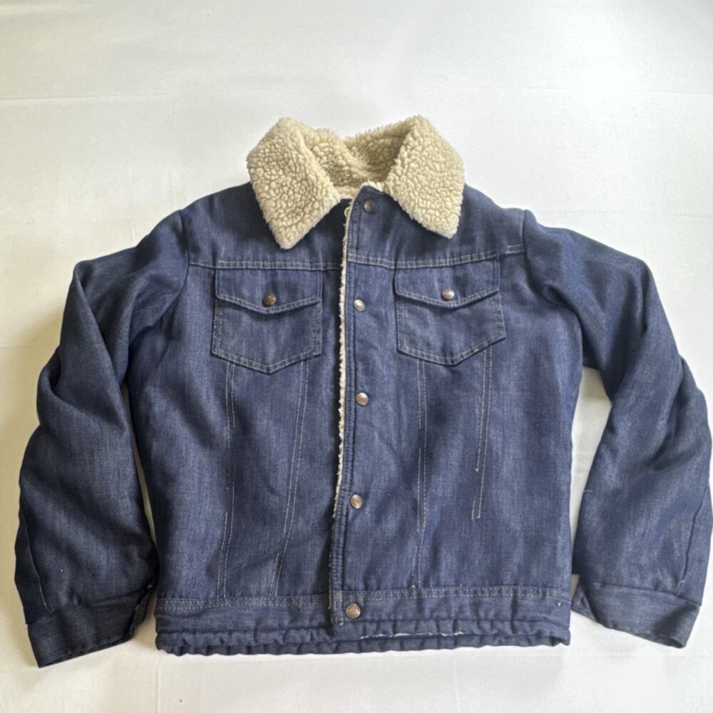 Men’s Sherpa Lined Denim Jacket Blue Button Front Trucker Size 38 Vintage Style